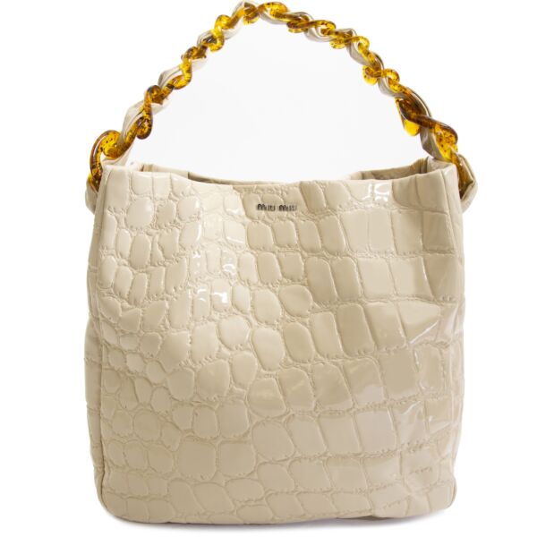 Miu Miu White Alligator Cire Embossed Patent Leather Tote with Leather & Tortoise Handle now online at labellov.com for the best price