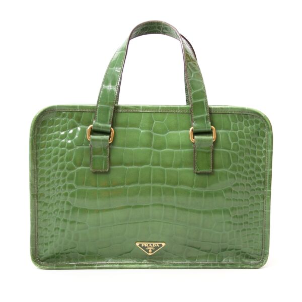 Prada Green Croc-Embossed Leather St. Coco Bauletto Top Handle Bag now online at labellov.com.