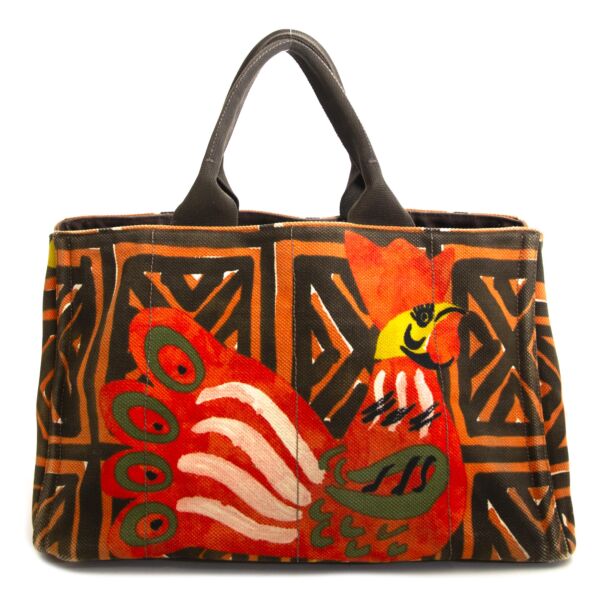 Prada Multicolor Peacock Fabric Tote now for sale at labellov vintage fashion webshop belgium