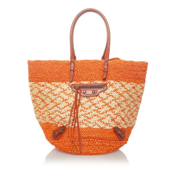 Balenciaga Orange Panier Raffia Tote Shoulder Bag for the best price at Labellov secondhand luxury in Antwerp