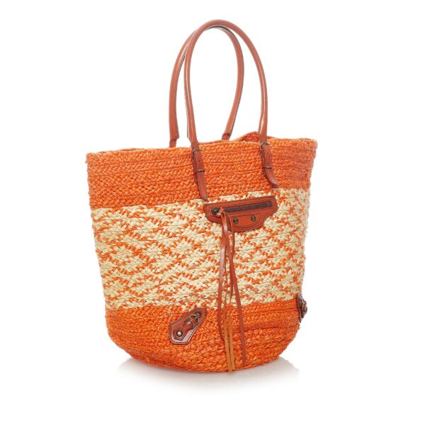 Balenciaga Orange Panier Raffia Tote Shoulder Bag