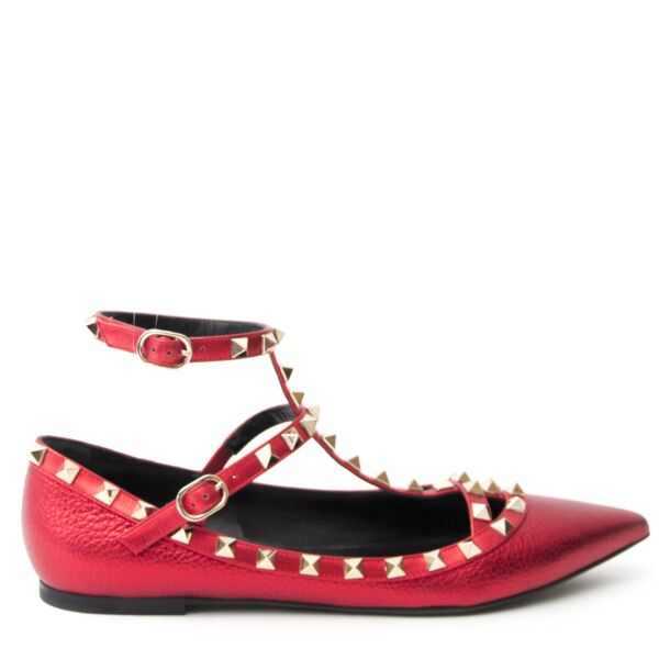 shop safe online your secondhand As New Valentino Red Metallic Rockstud Ballerina - SIZE 38,5