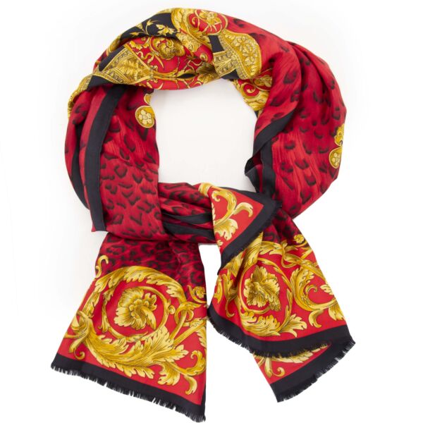 Authentic second hand Versace scarf red blue and gold leopard print buy online LabelLOV