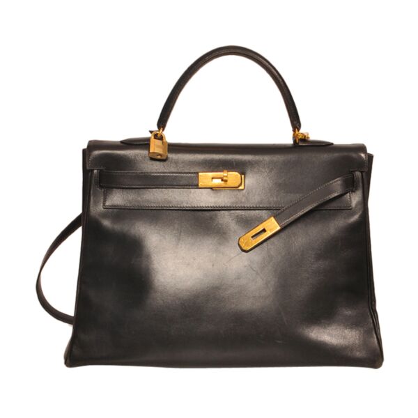 tweedehands echte vintage hermes kalfsleder kelly 25 cm zwart bij labellov webwinkel in antwerpen belgie