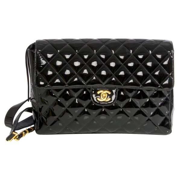 Chanel Patent Black Jumbo Flap Backpack Bag 