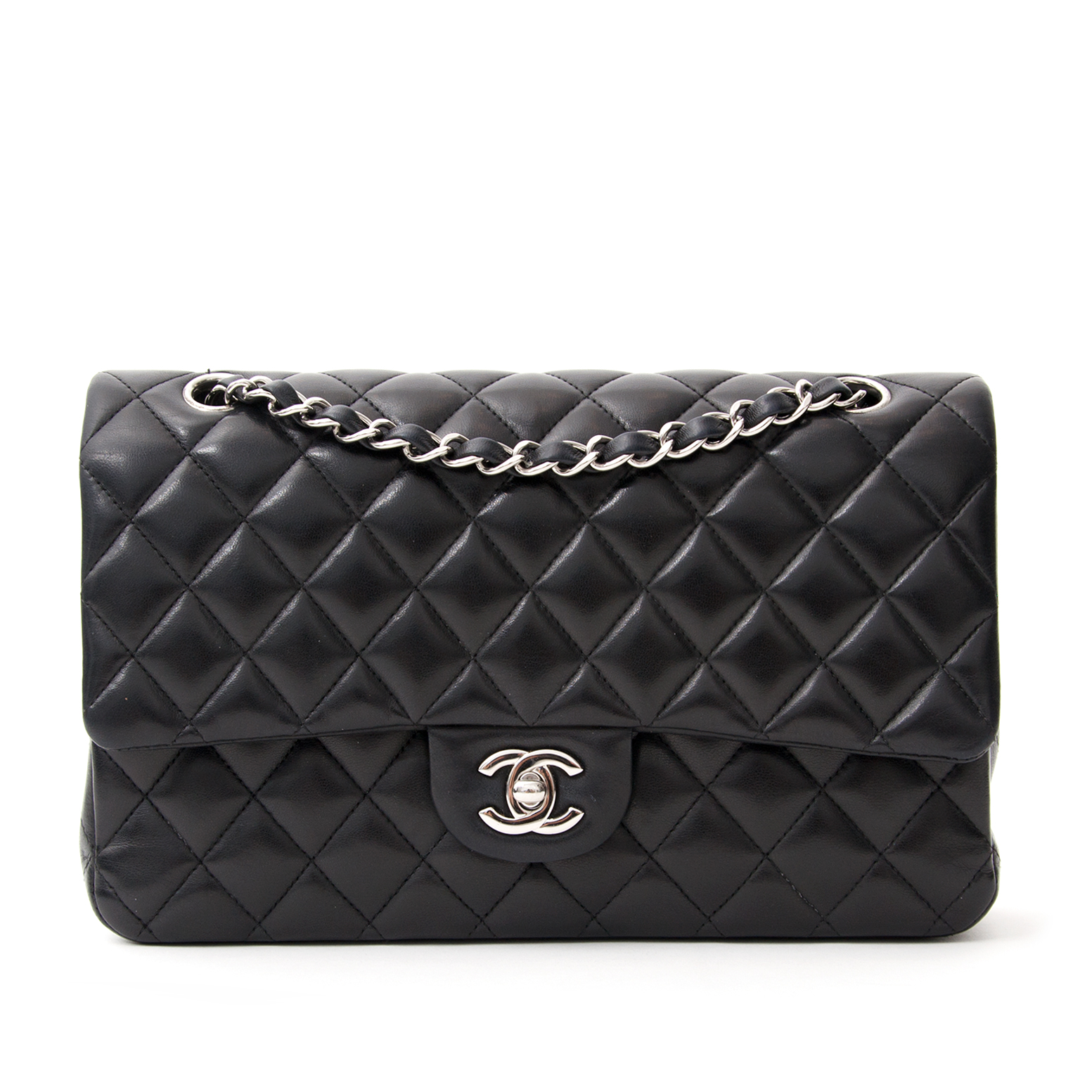Tweedehands Chanel Classic Flap Medium Quilted Lambskin Silver Bag