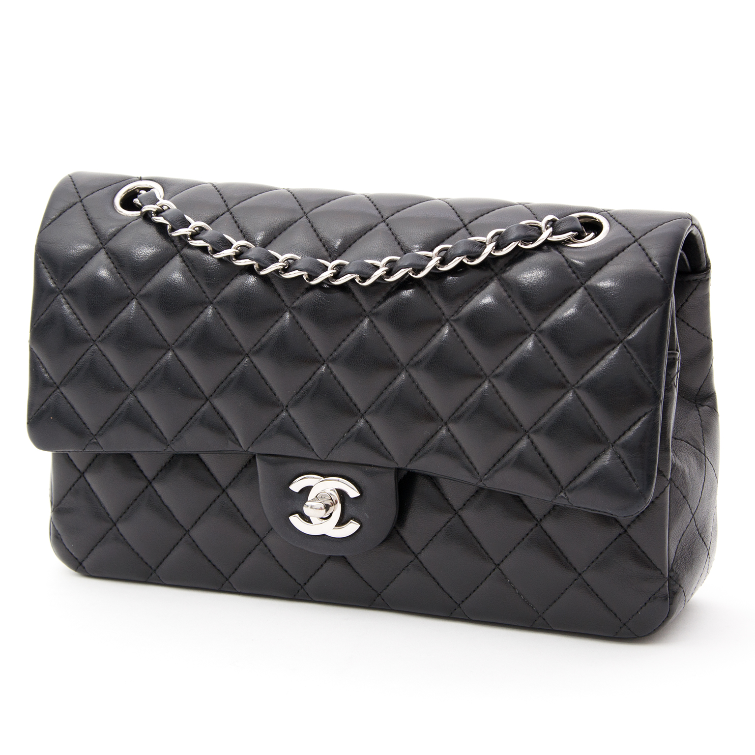 Chanel Classic Flap Medium Quilted Lambskin Silver Bag