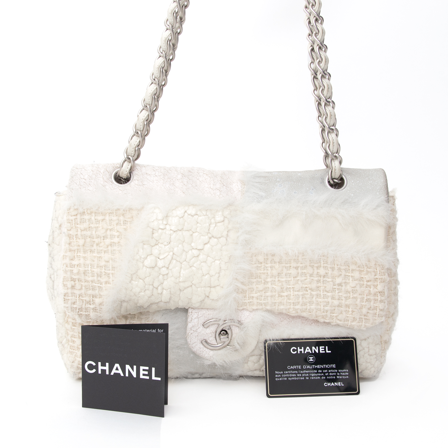 Vintage Chanel Cream Patchwork Faux Fur Tweed Aged Calfskin Flap Bag ○  Labellov ○ Buy and Sell Authentic Luxury