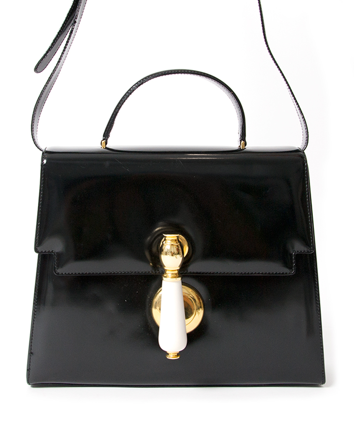 Moschino Patent Black Top Handle Gold Doorknob Handbag