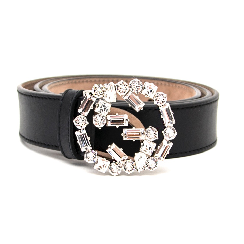GUCCI クリスタルバックル ブラックベルト Gucci Black Leather Belt with embellished G buckle