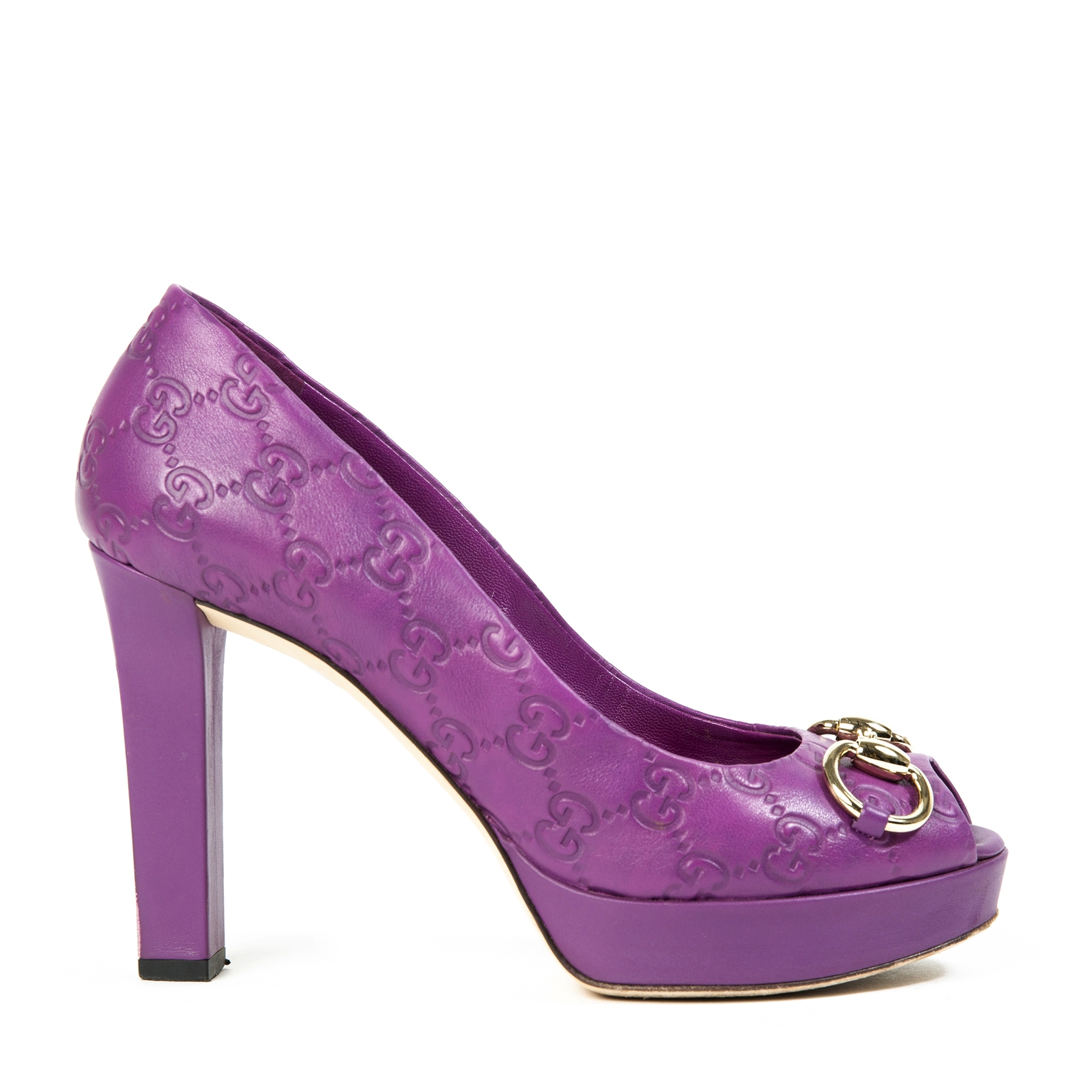 Gucci Purple Monogram Peep Toe Heels - Size 38 ○ Labellov