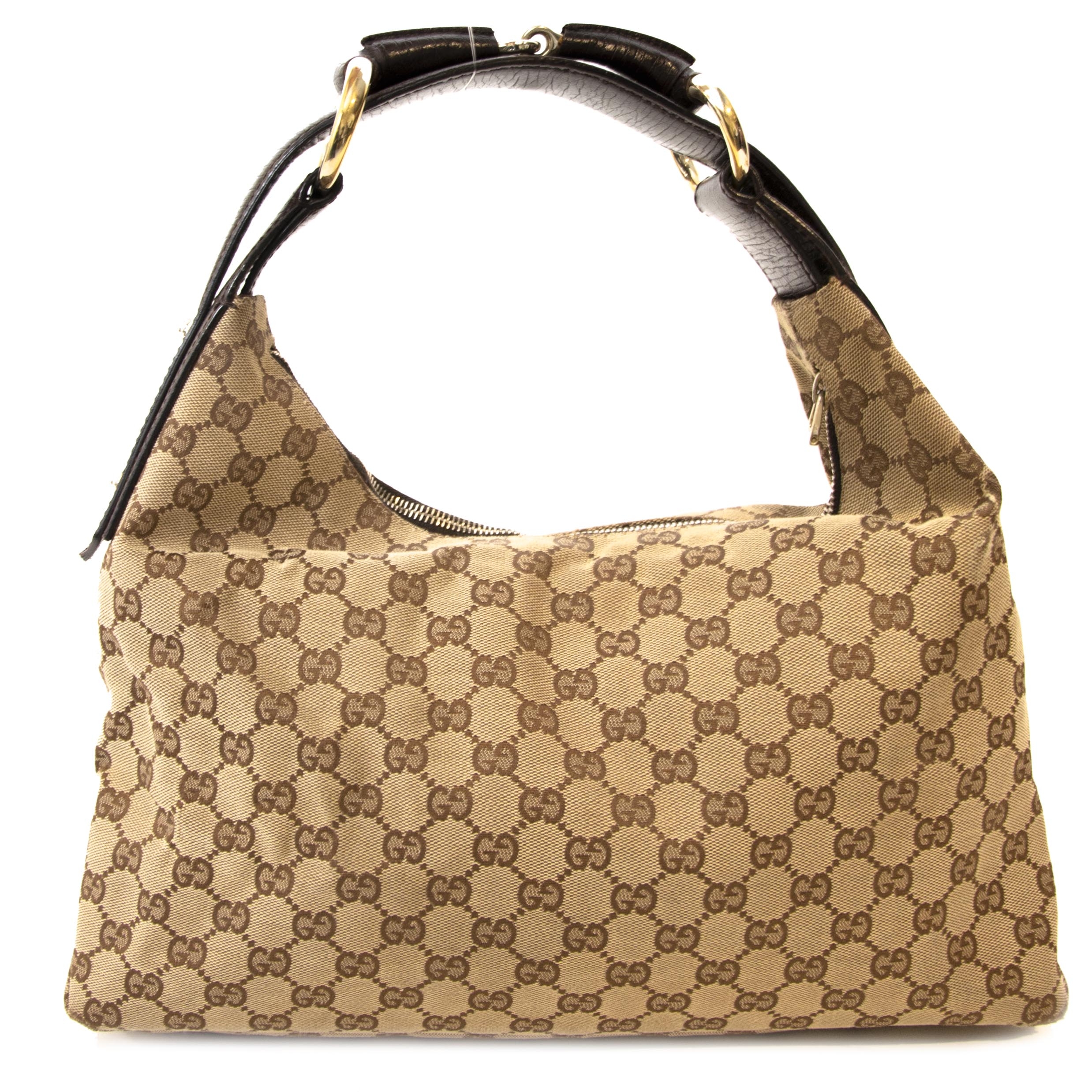 Gucci Beige Brown GG Canvas Medium Horsebit Hobo Bag Labellov