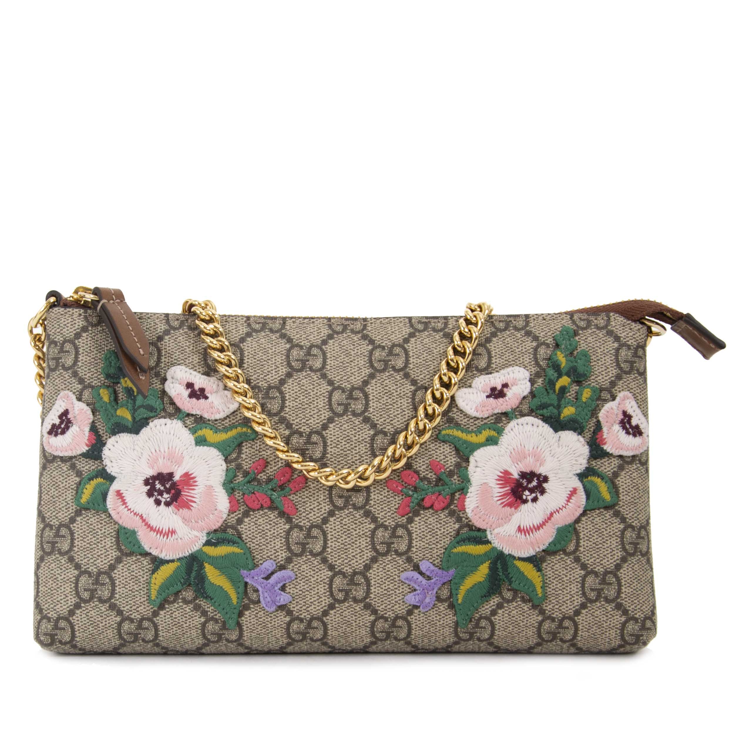 Gucci GG Supreme Monogram Embroidered Flower Chain Wrist Wallet Labellov Buy and Sell Authentic Luxury