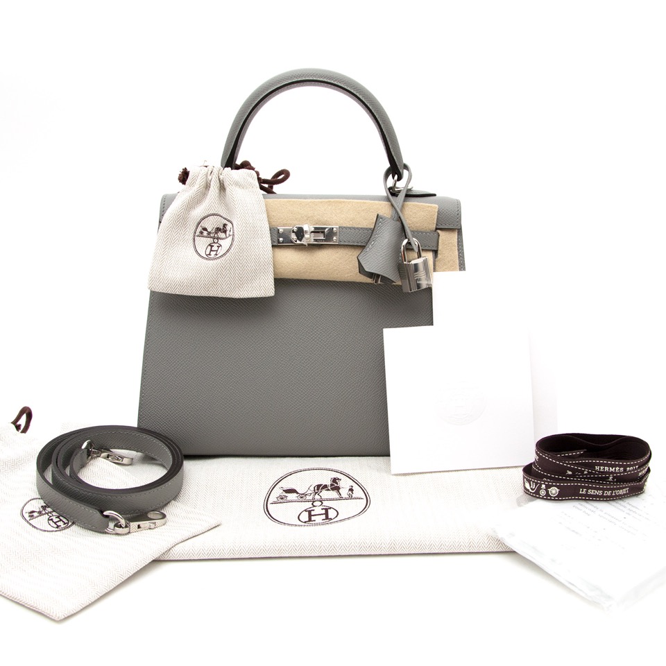Hermes Kelly 25 Sellier HSS Gris Mouette And Magnolia Epsom