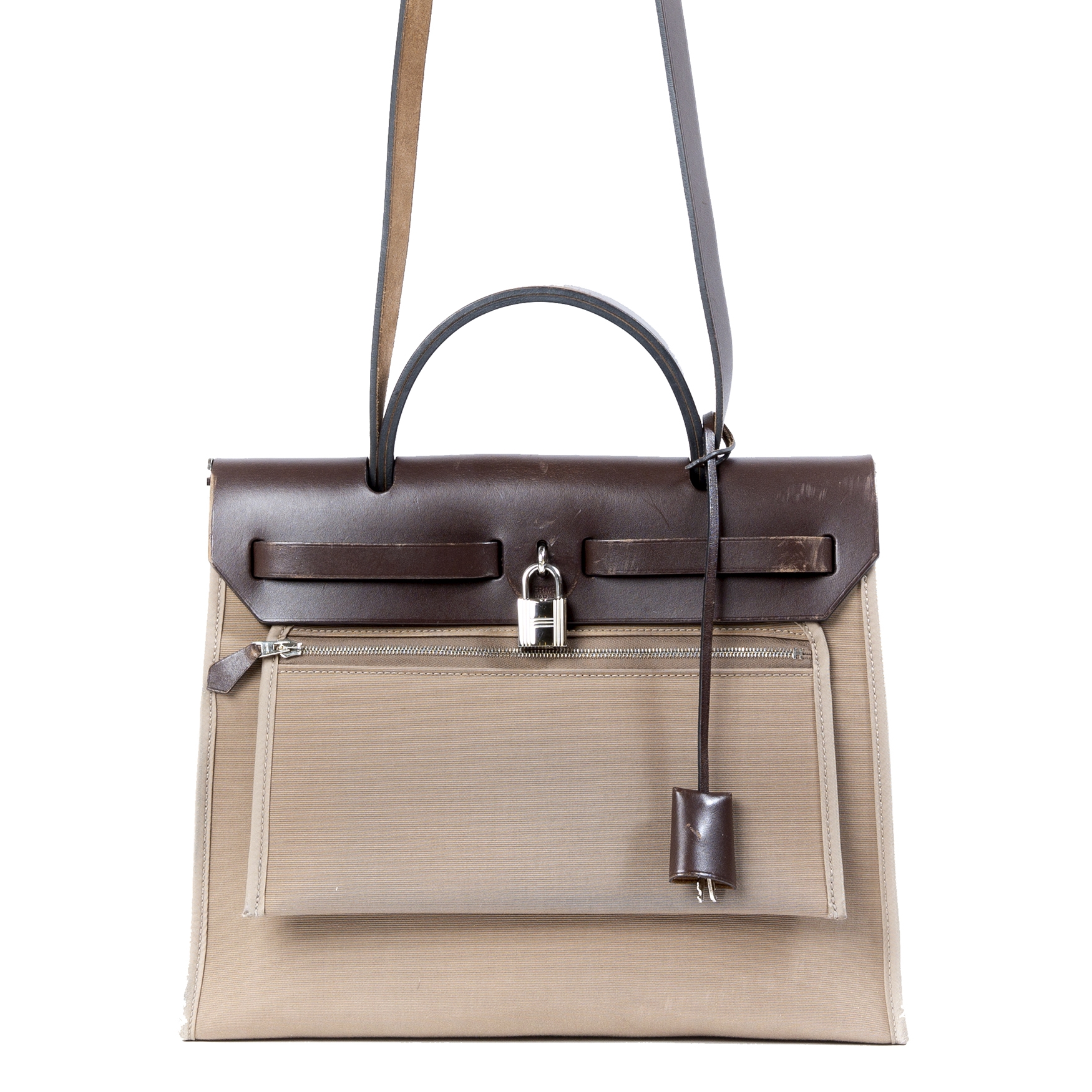 Hermés Herbag Zip Retourne Ebene Vache Leather Etoupe Canvas GM