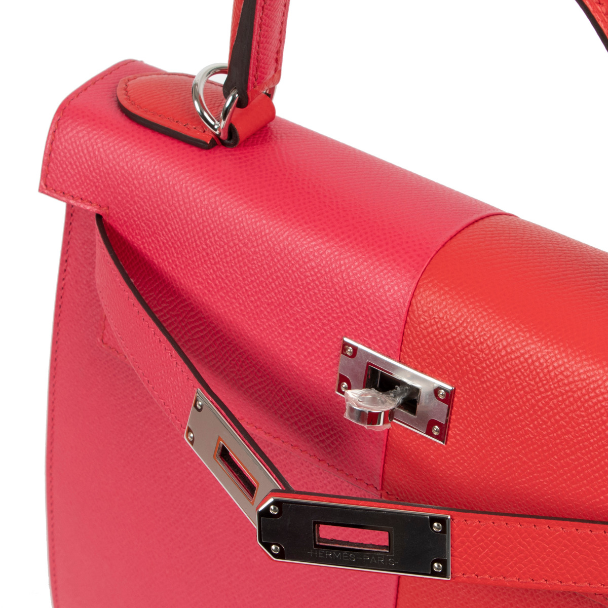 Hermès Kelly 28 Sellier Limited Edition Rouge De Coeur Rose Extreme Bleu  Zanzibar Tricolor Epsom with Palladium Hardware - Bags - Kabinet Privé