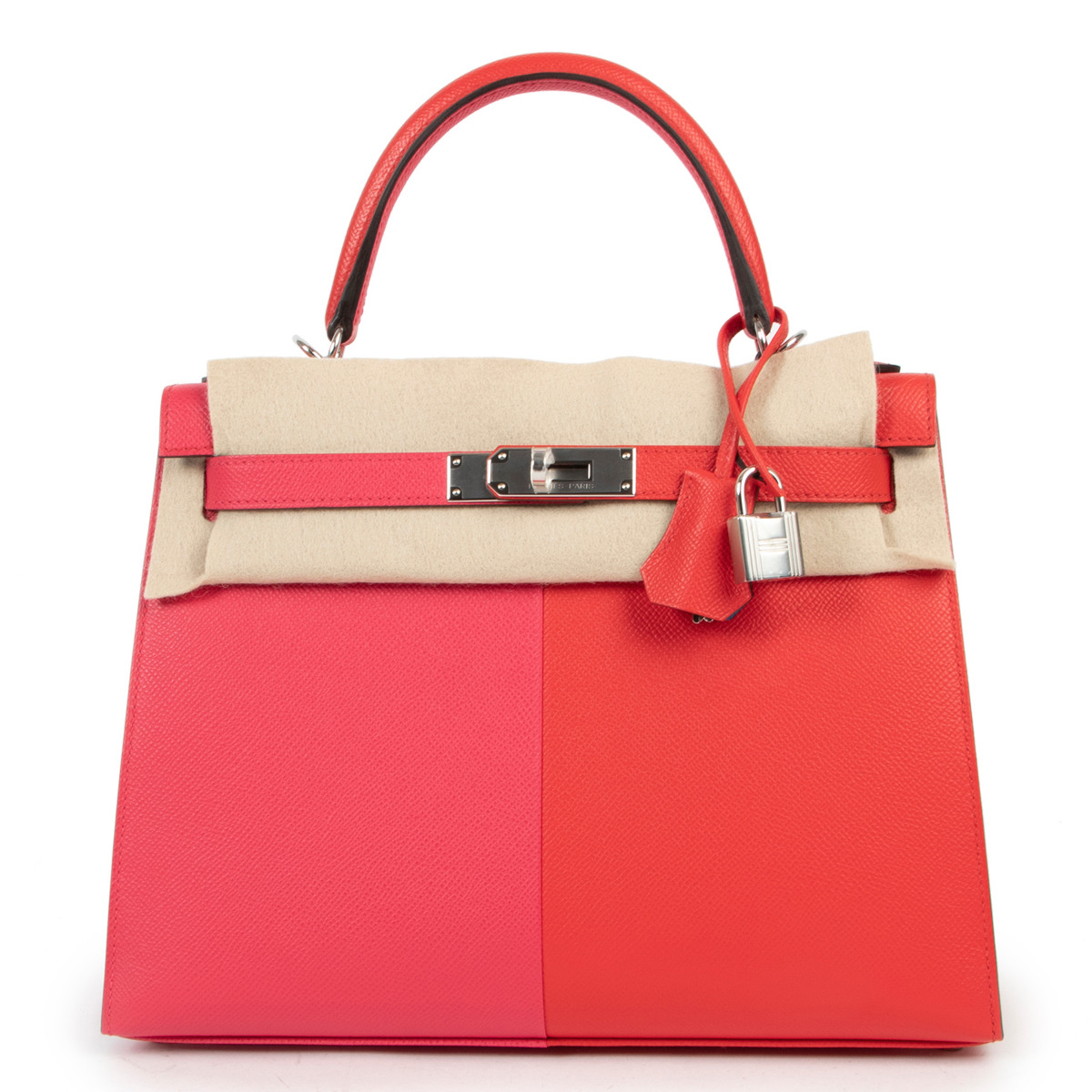 Hermès Kelly 28 Sellier Casaque Tri-Color Rouge Coeur Rose