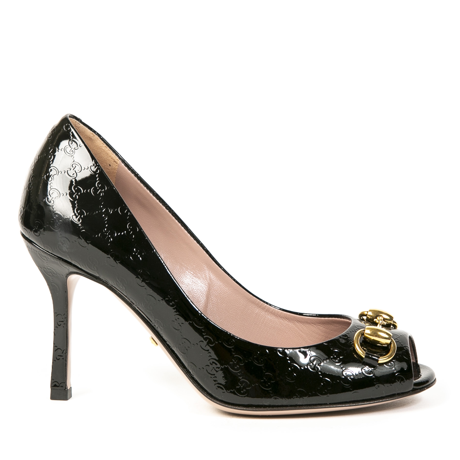 Gucci Black Monogram Patent Leather Horsebit Pumps - Size 35