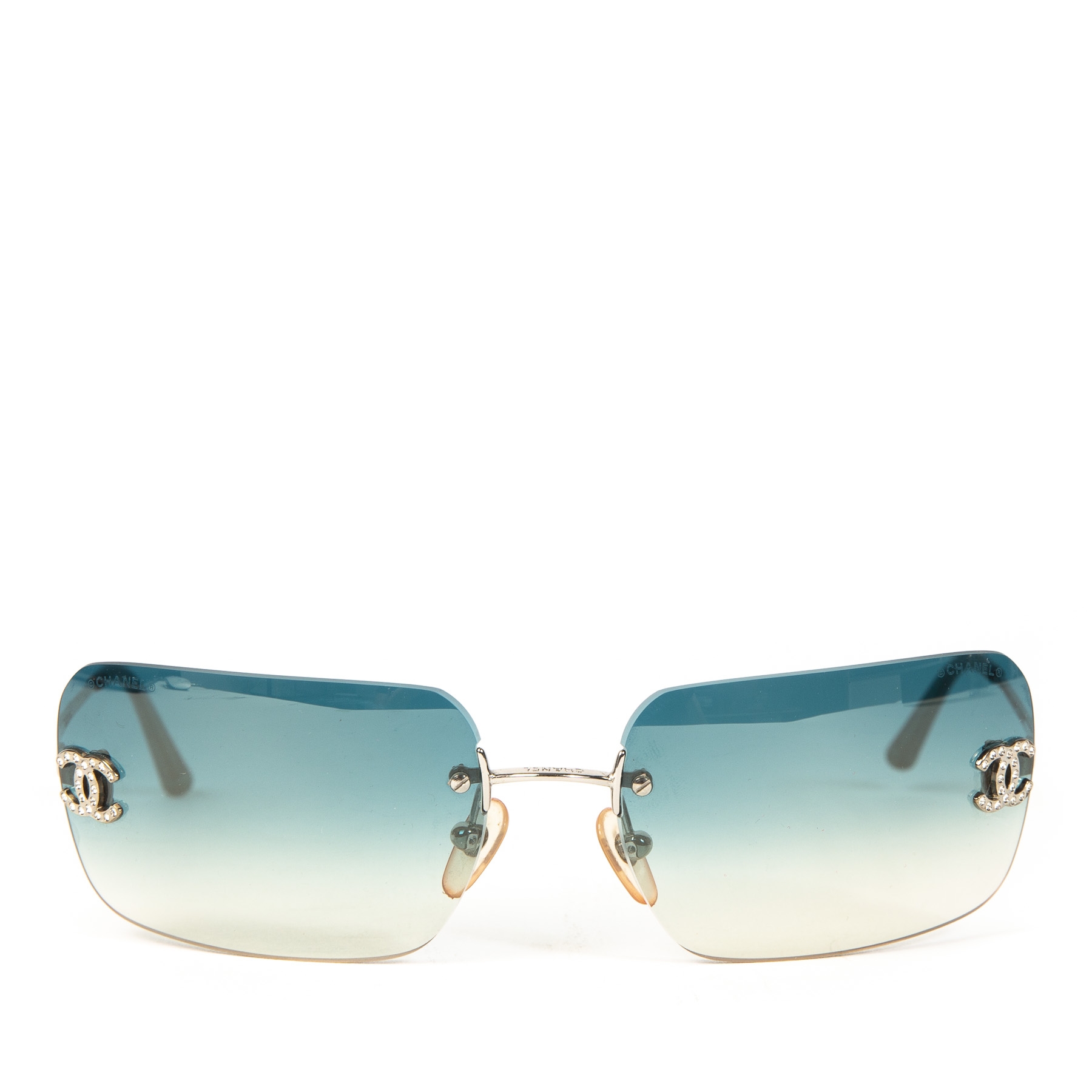 Chanel Blue Rimless Sunglasses Crystal Rhinestone CC ○ Labellov