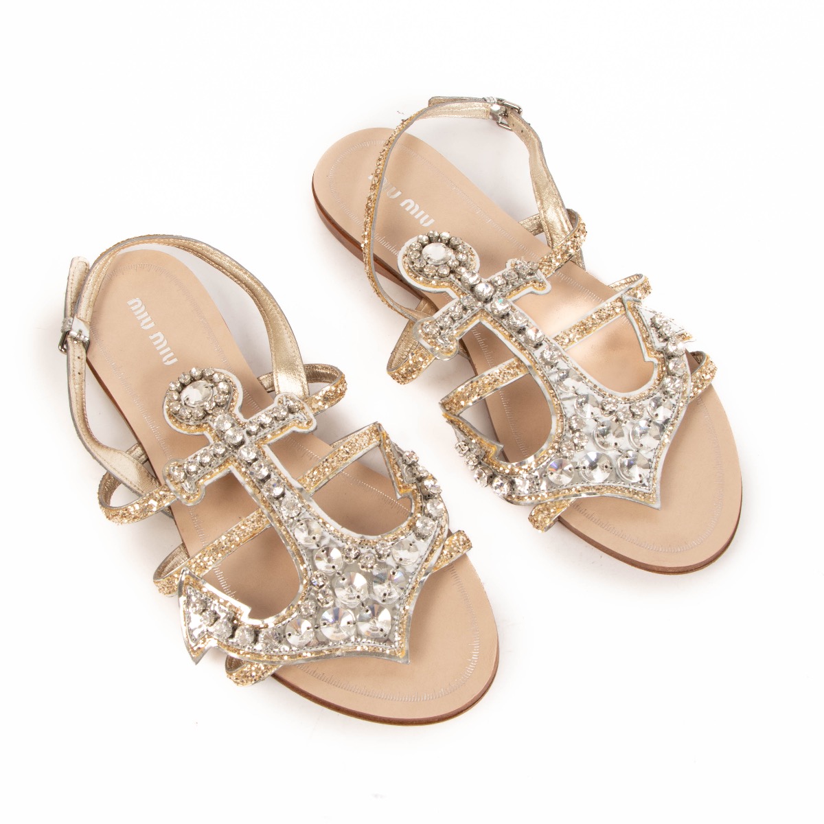 Miu Miu Gold/Silver Crystal Embellished Leather Flat Sandals