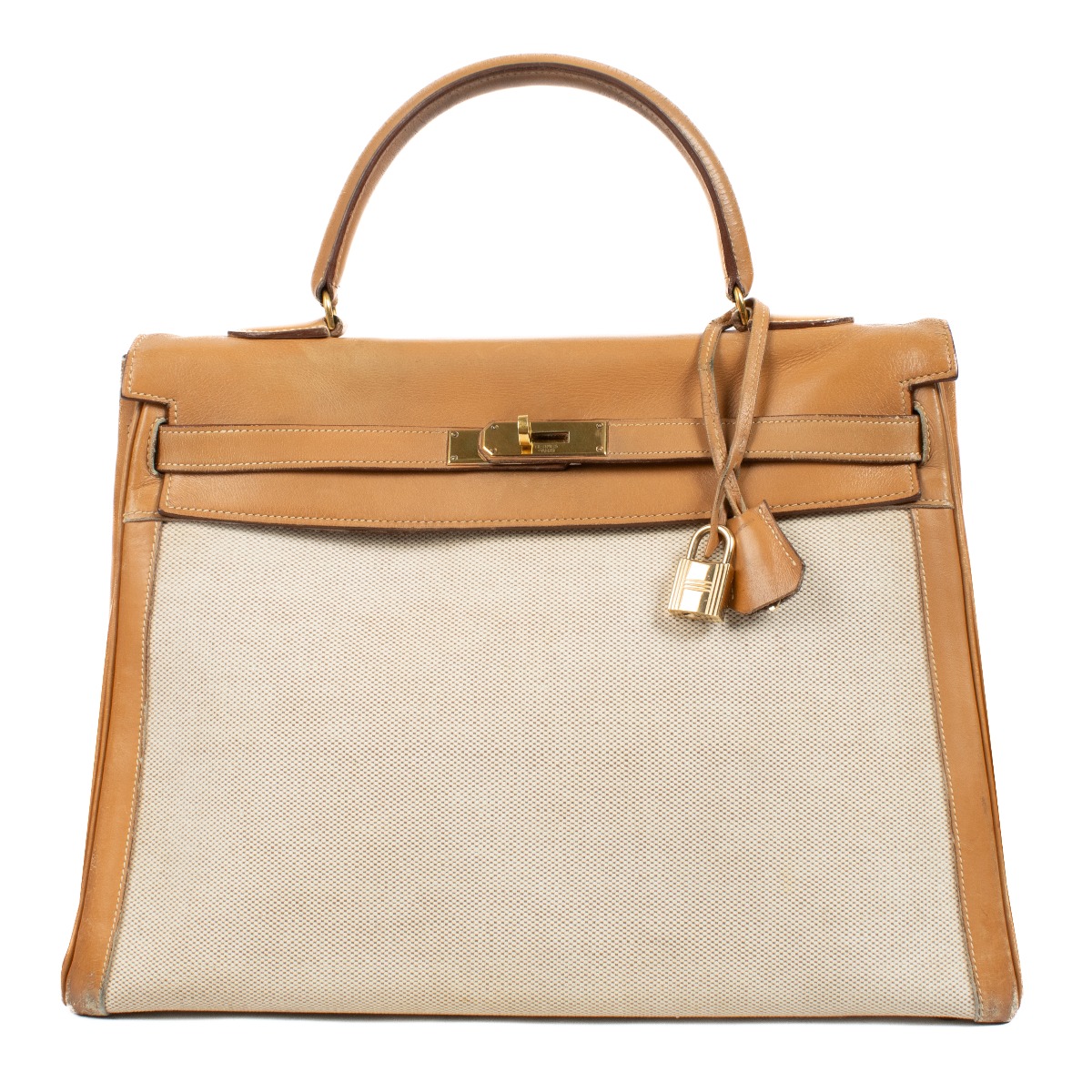 Hermès Vintage Kelly 35 Toile H/Natural Leather GHW