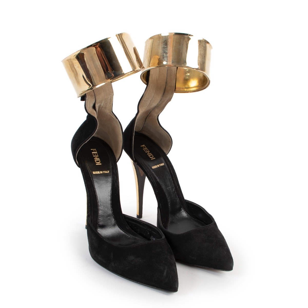 Fendi Black Suede Gold Ankle Cuff Pumps - Size 39