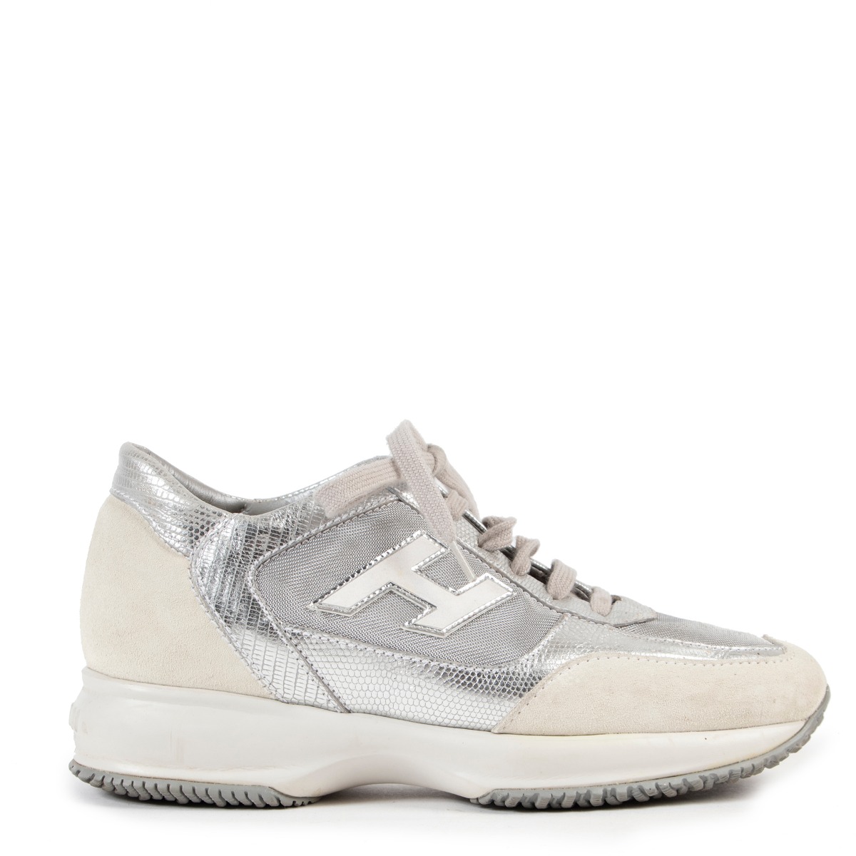 Hogan White Silver Tone Leather Interactive 3D Sneakers Size 37