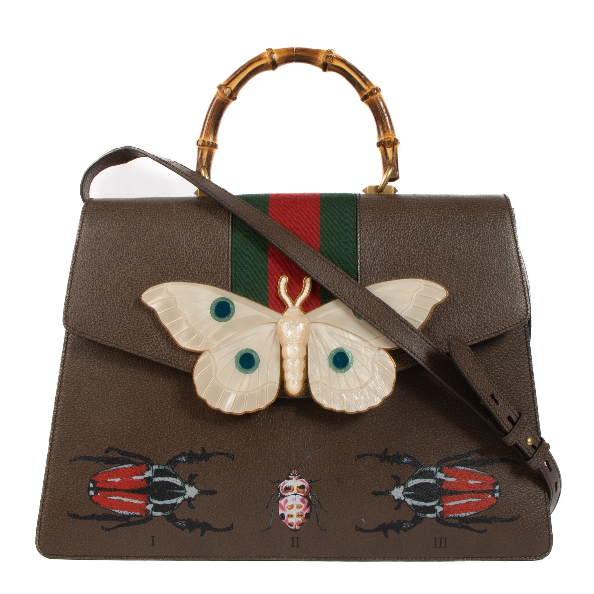 Gucci Taupe Leather Web Falena Moth Large Bamboo Handle Bag