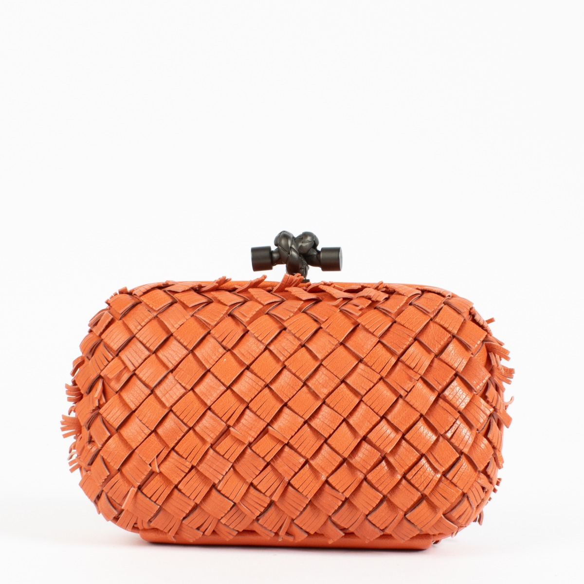 Bottega Veneta Orange Fringed Intrecciato Knot Clutch ○ Labellov