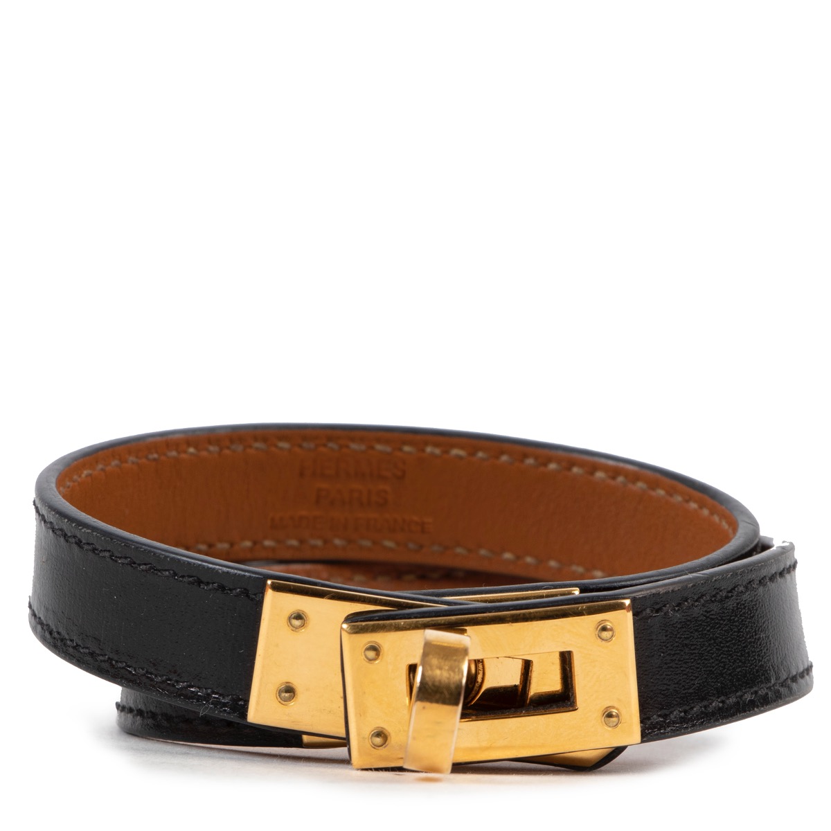 At Auction: Hermes Black Box Calf Leather Kelly Double Tour Bracelet