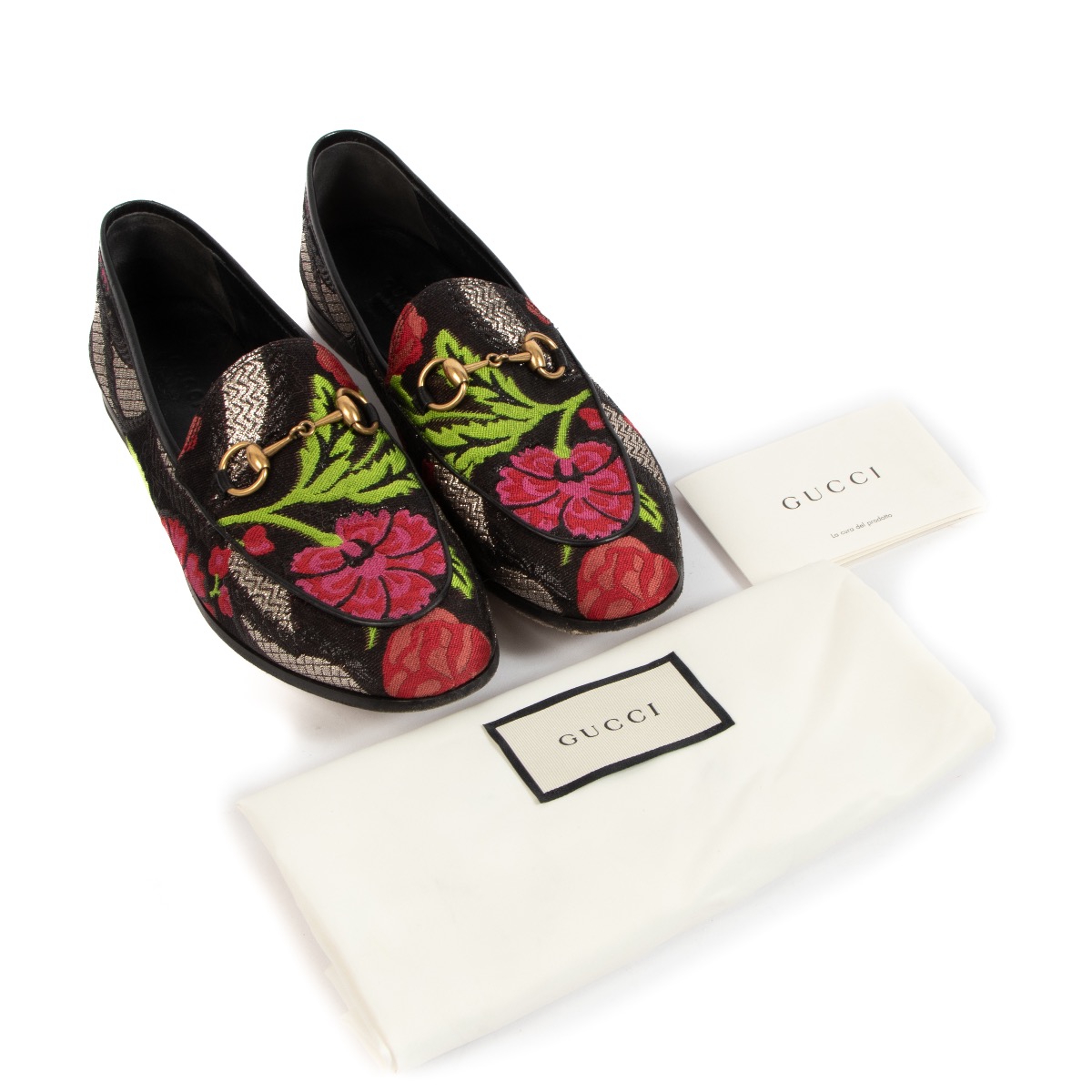 Gucci Black Floral Embroidered Jordaan Horsebit Slip On
