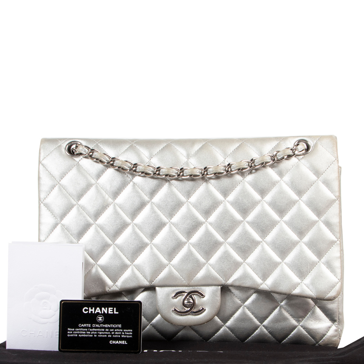 Chanel Silver Lambskin Maxi Classic Flap Bag ○ Labellov