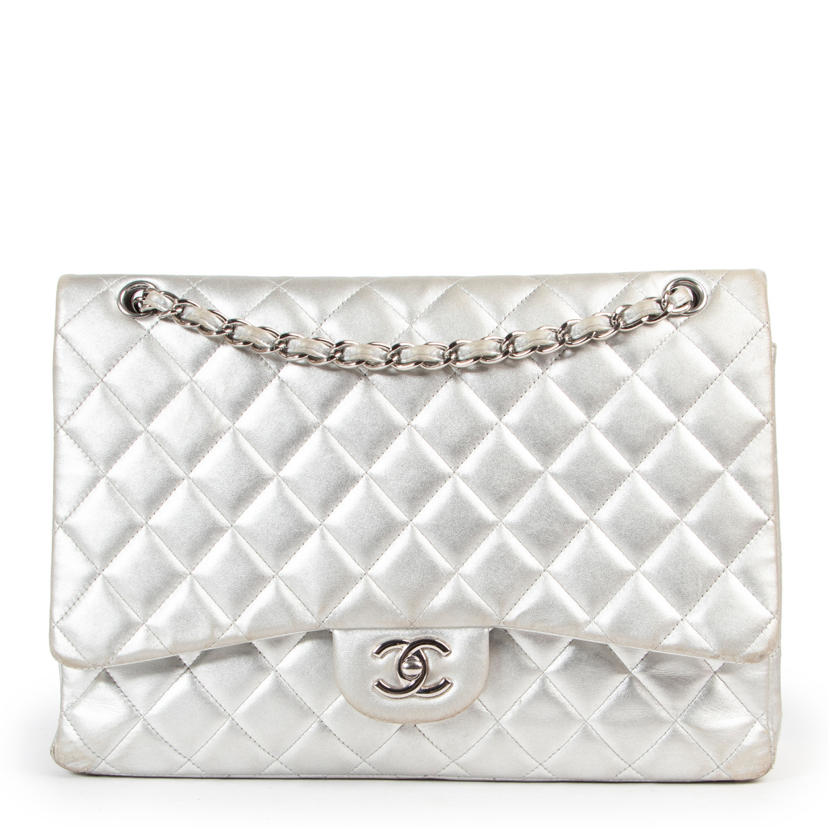 FIRE PRICE* Chanel Silver Metallic Classic Maxi Double Flap Bag in La –  Sellier