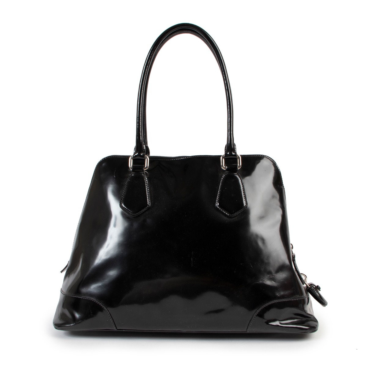 Prada Spazzolato Logo Black Patent Leather Tote Bag