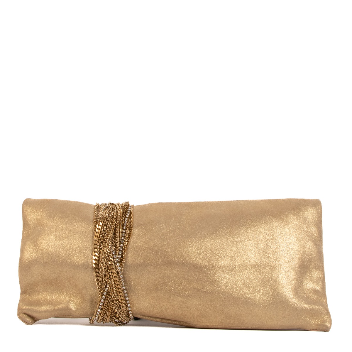 Jimmy Choo Gold Shimmer Suede Chain Chandra Clutch