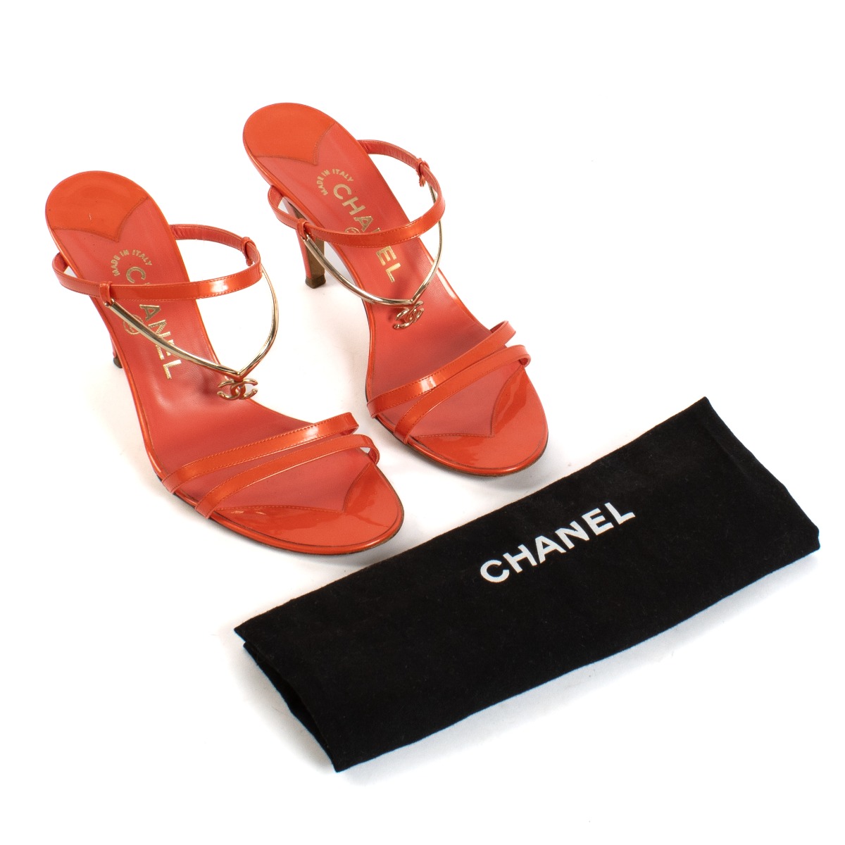 Chanel Coral Patent Leather Gold CC Strappy Mule Sandals