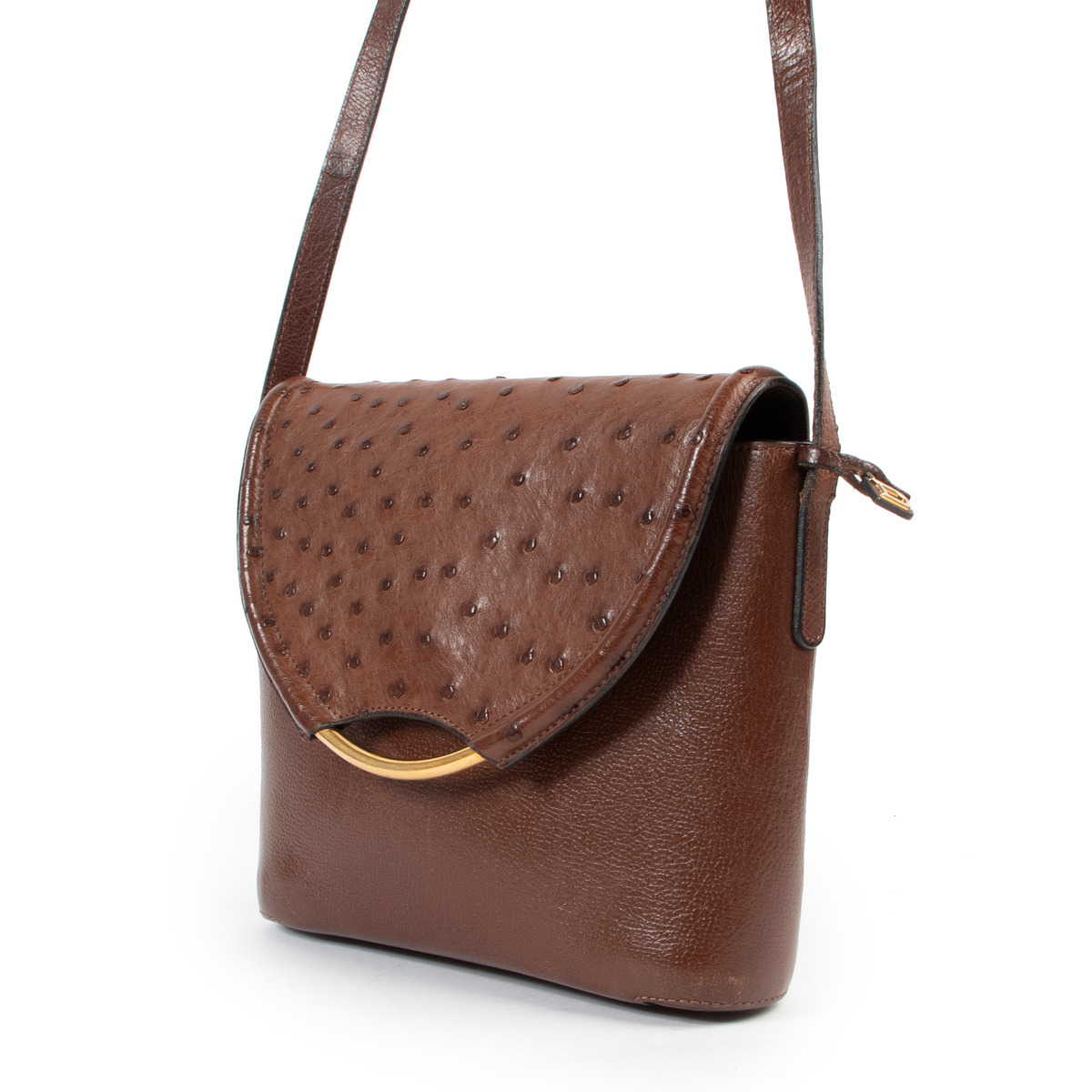 Delvaux Brown Autruche Eclair Crossbody Bag ○ Labellov