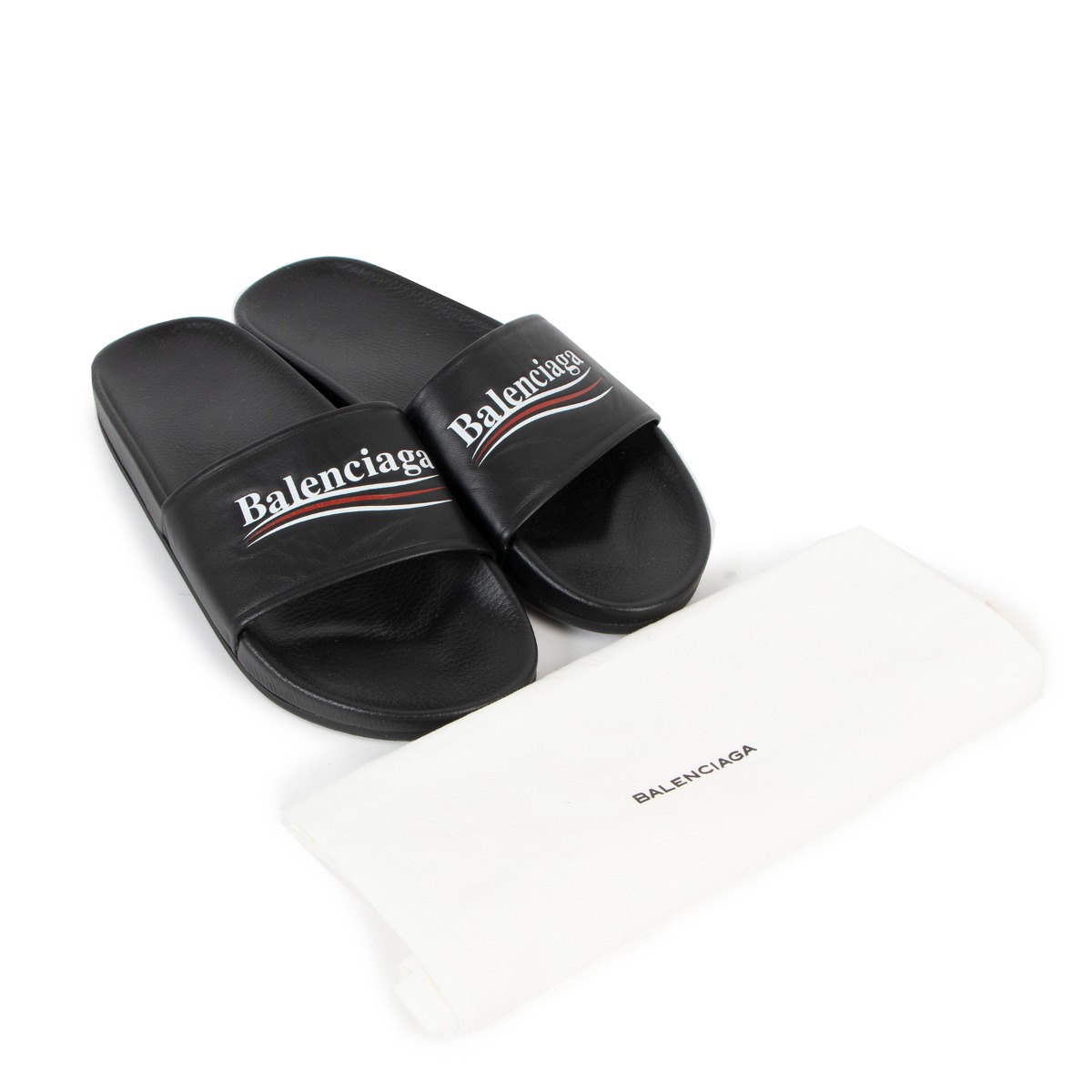 【送料&関税込】Balenciaga political Campaign Slides Balenciaga Men's Political Logo Pool Slide in Black/White