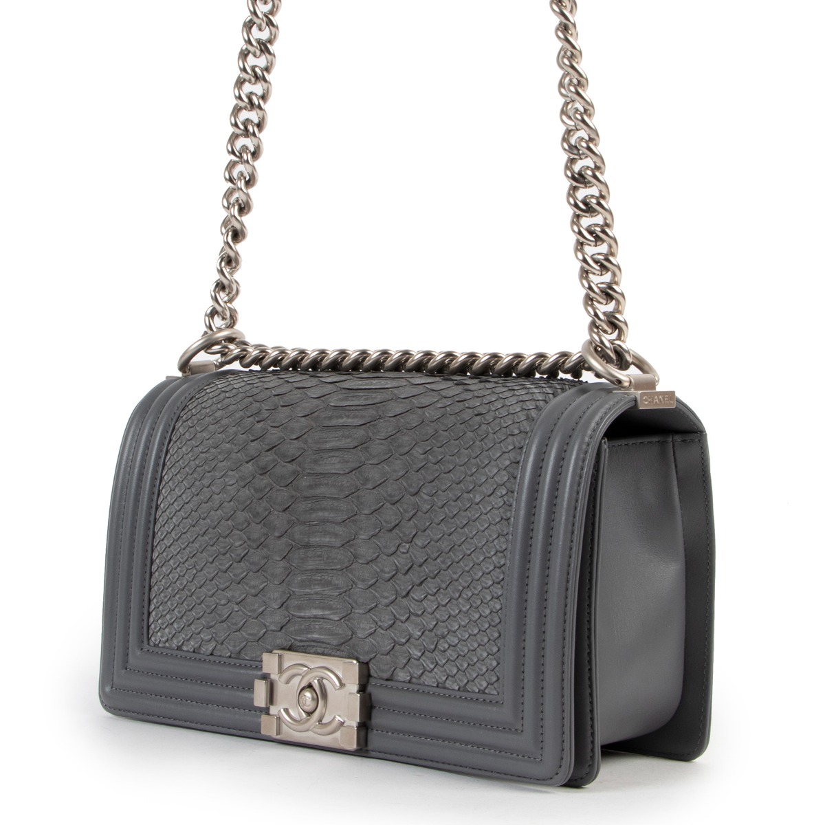 Chanel Grey Python Medium Boy Flap Bag Labellov Buy and Sell Authentic Luxury