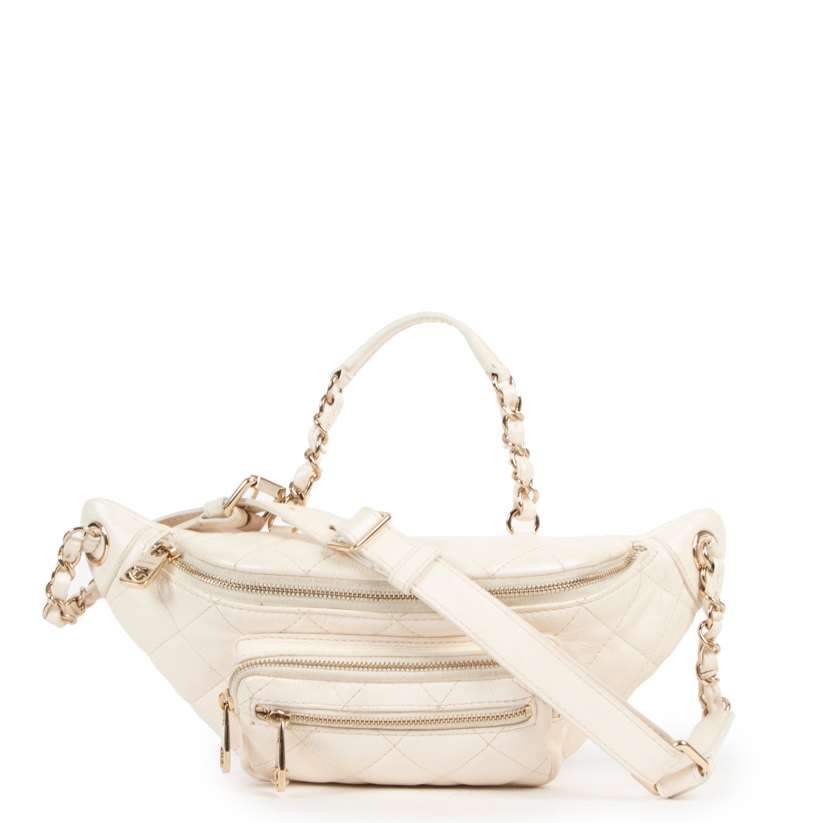 Chanel White Iridescent Calfskin Quilted All About Waist Belt Bag