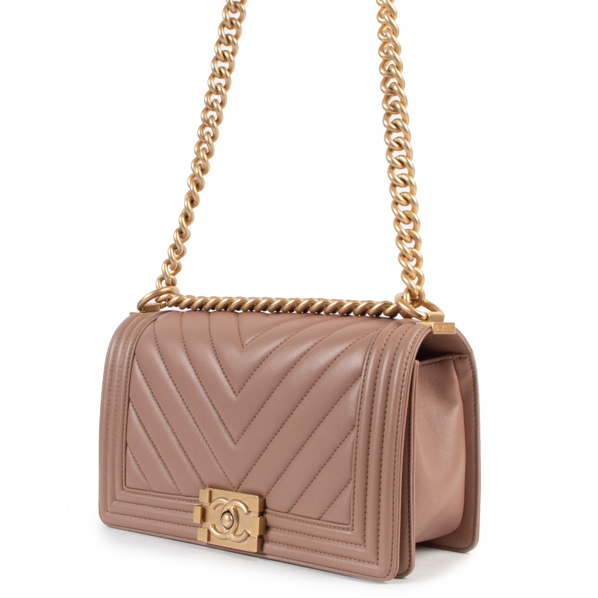 Chanel Dark Beige Chevron Quilted Lambskin Medium Boy Bag