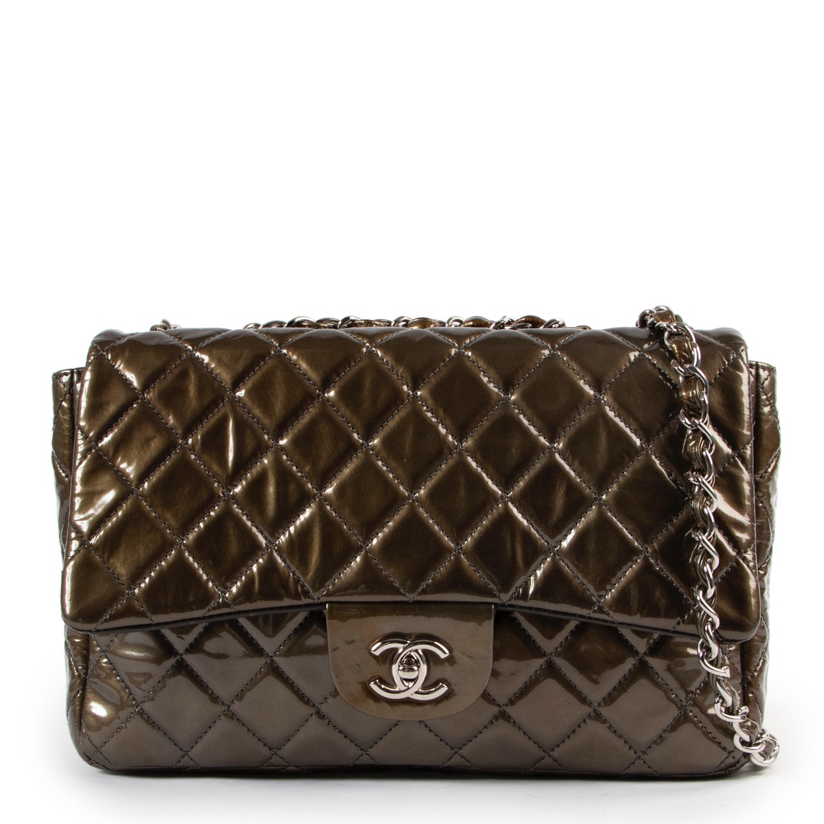 Chanel Olive Green Jumbo Classic Flap Patent Leather Handbag