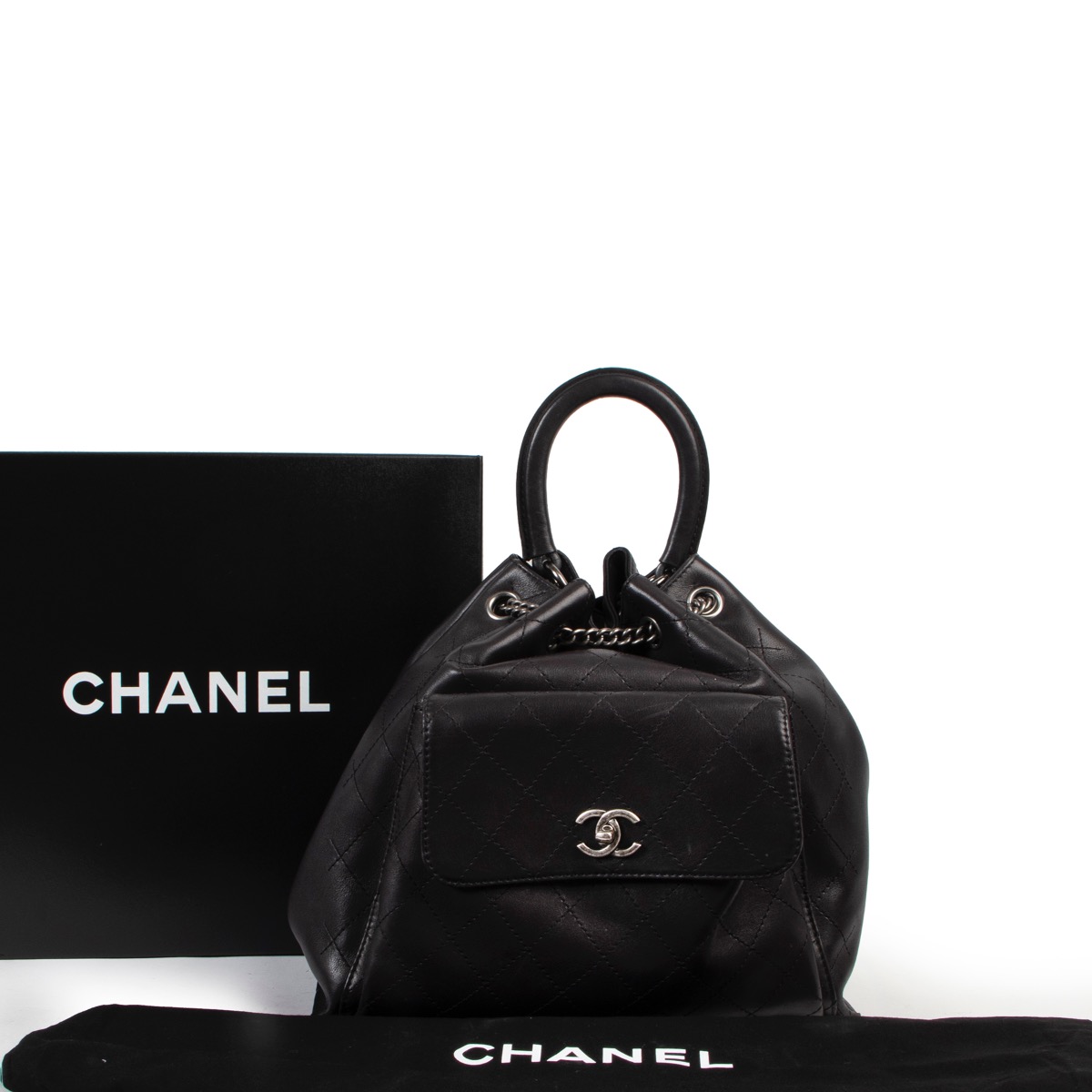 Chanel Black Stitched Leather Urban Luxury Drawstring Backpack