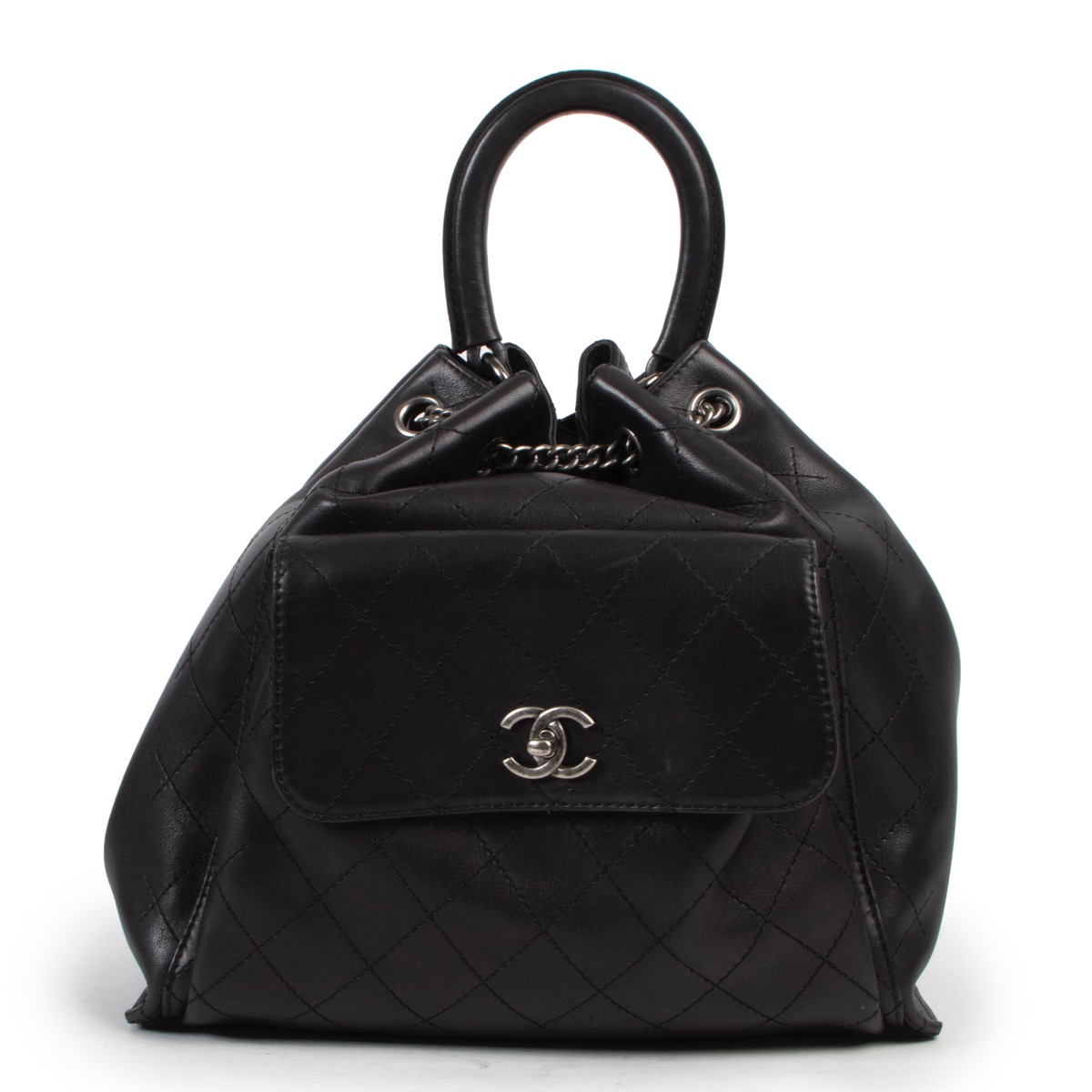 Chanel Black Stitched Leather Urban Luxury Drawstring Backpack