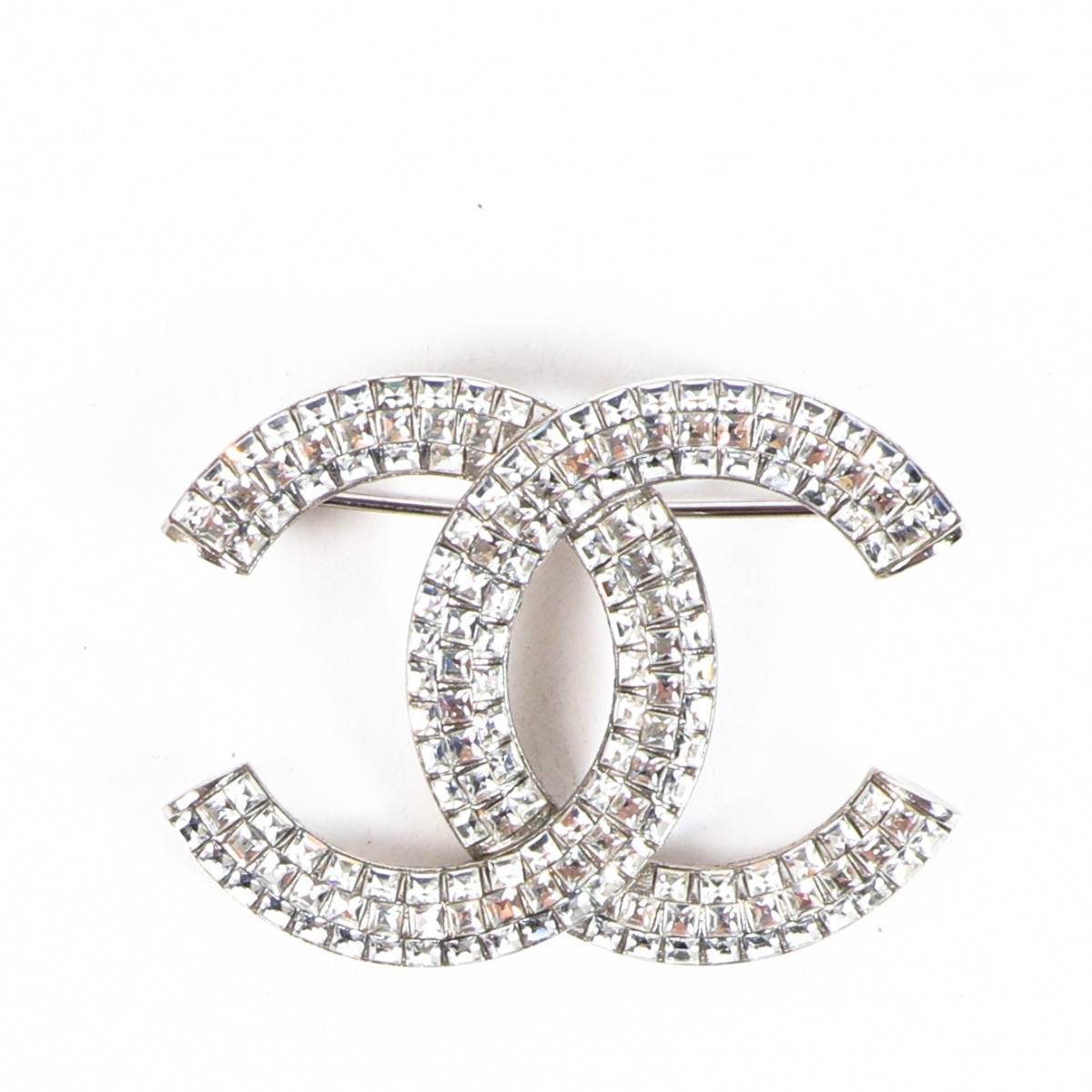 Vintage CHANEL SILVER AND CRYSTALS CC LOGO BROOCH/PIN CLASSIC