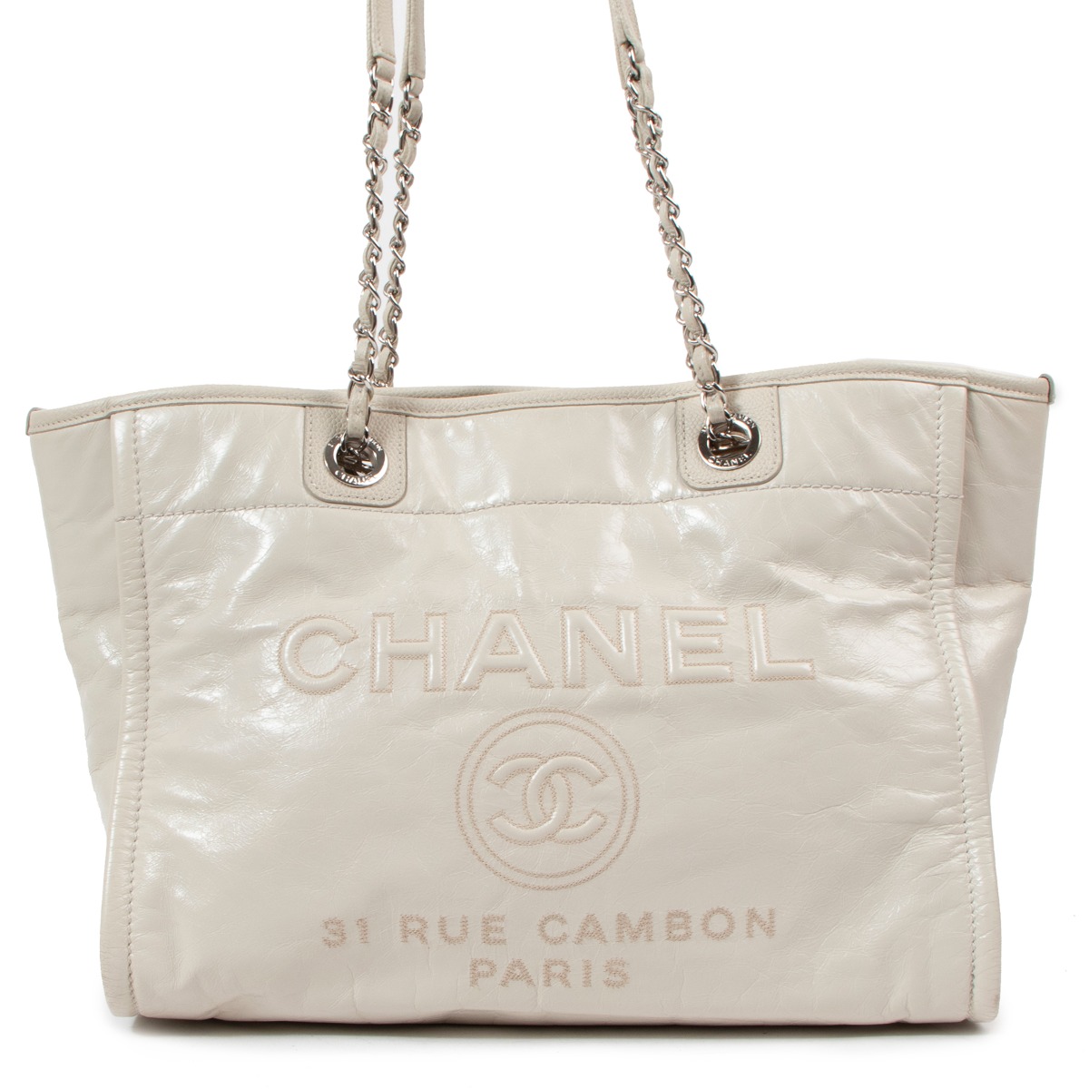 Chanel White Glazed Leather Small Deauville Tote Bag Labellov