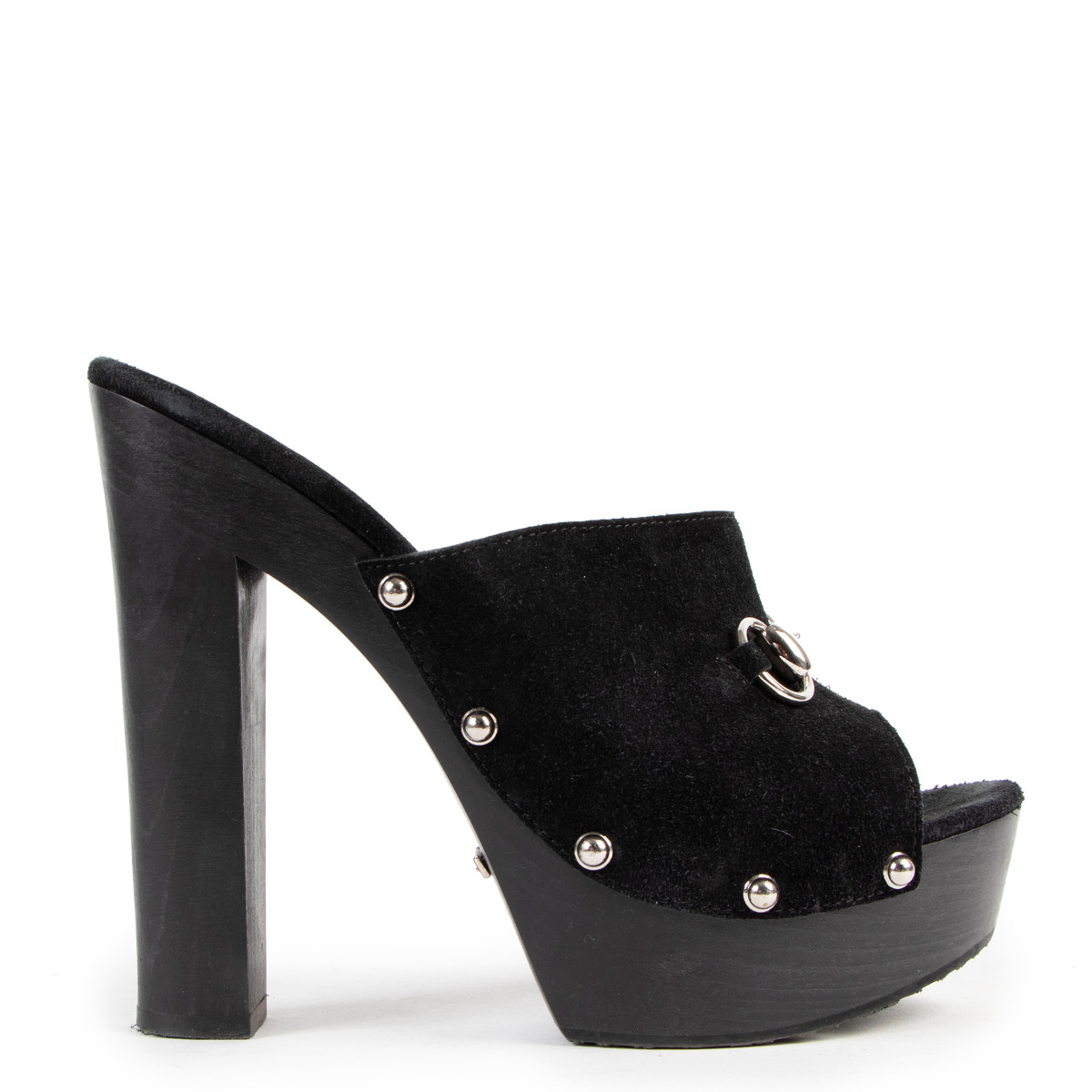 Gucci Black Suede Horsebit Clog Mules Heels - Size 38 ○ Labellov