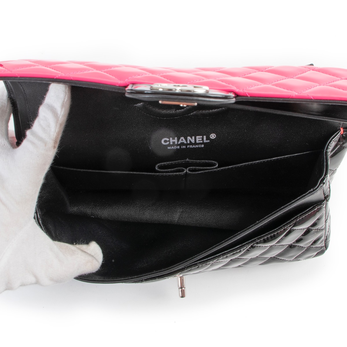 Chanel Pink Black Bi-Color Patent Calfskin Quilted Medium Double