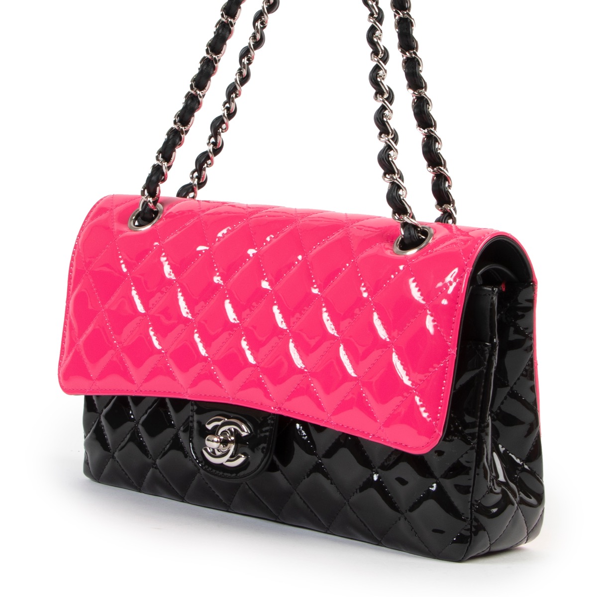 Chanel Pink Black Bi-Color Patent Calfskin Quilted Medium Double Flap ○  Labellov ○ Buy and Sell Authentic Luxury