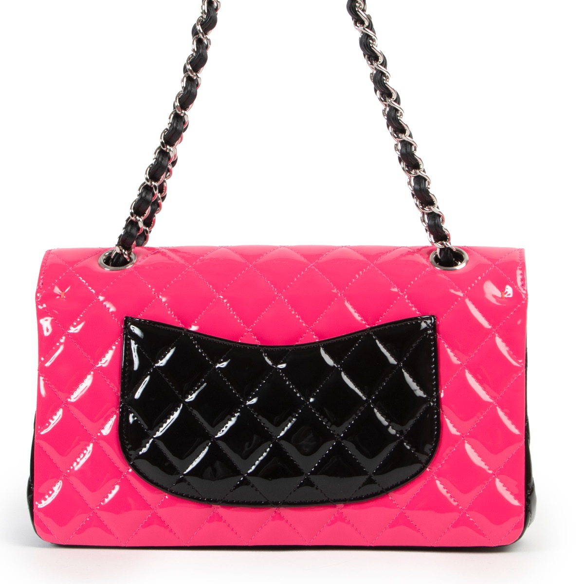 Chanel Pink Black Bi-Color Patent Calfskin Quilted Medium Chanel Pink Black Bi-Color Patent Calfskin Quilted Medium